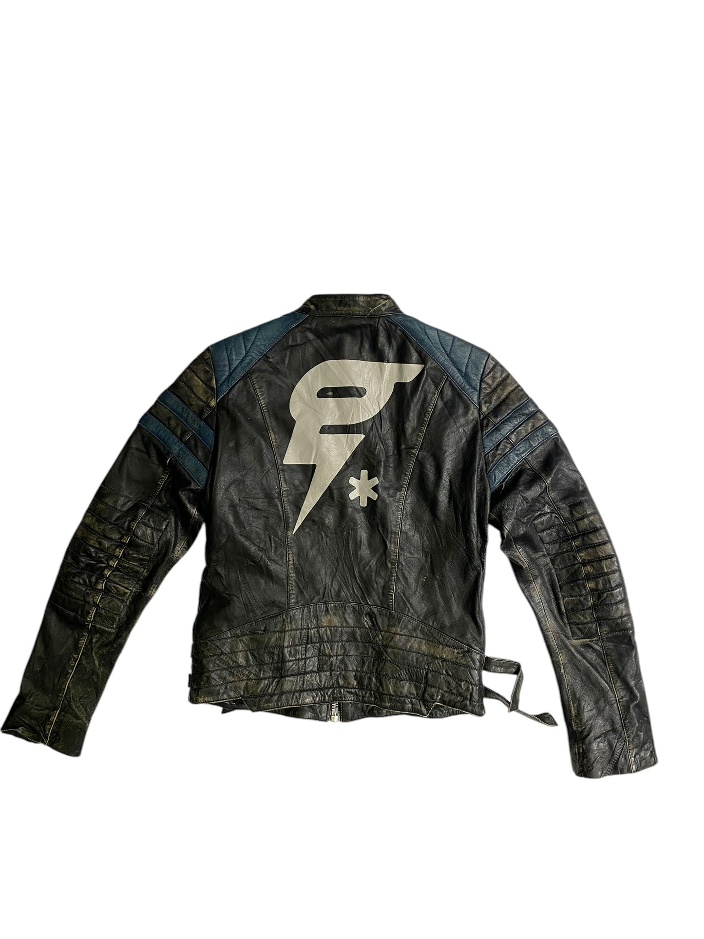 Motor-racing printed leather jacket