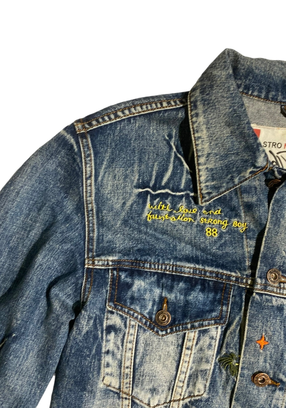 Strong boy embroidered y2k denim jacket