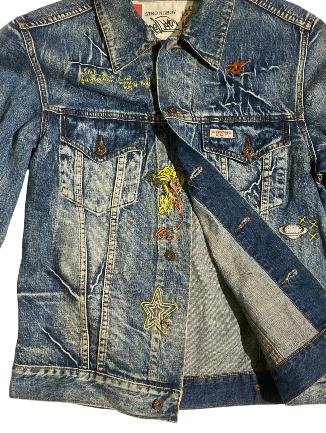 Strong boy embroidered y2k denim jacket