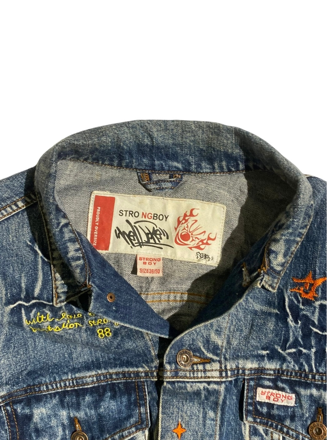 Strong boy embroidered y2k denim jacket