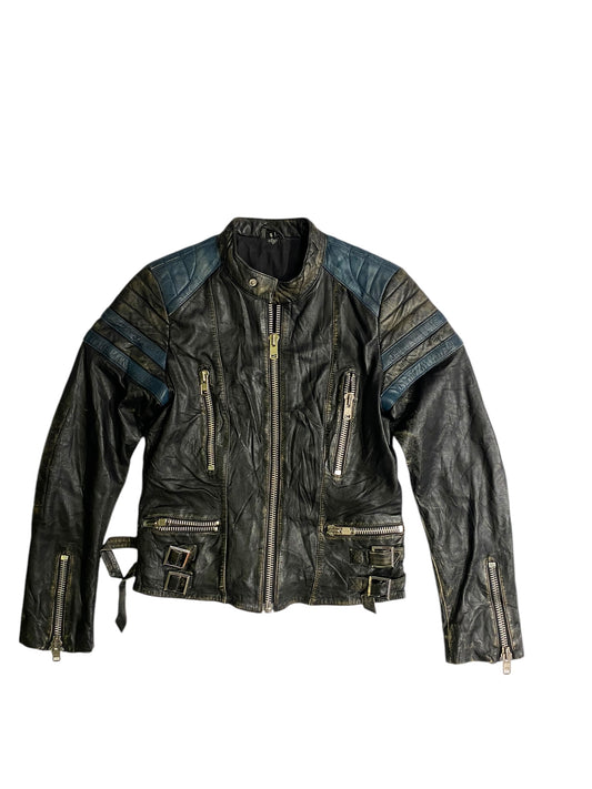 Motor-racing printed leather jacket