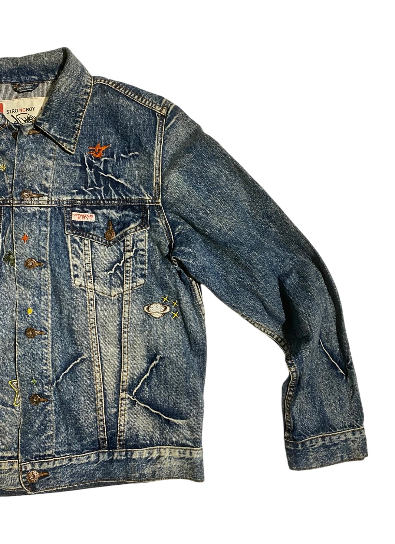 Strong boy embroidered y2k denim jacket